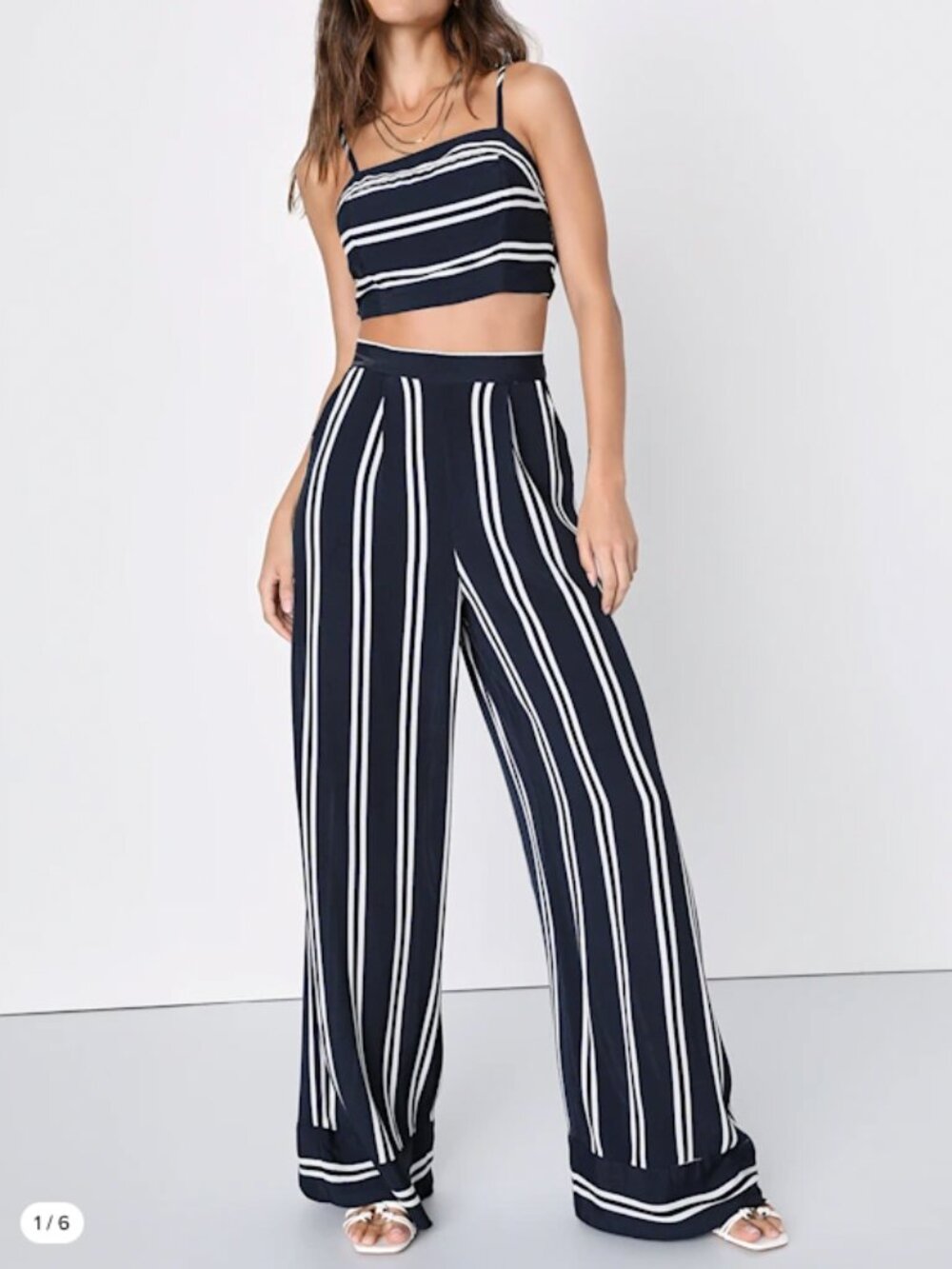 Lulus Navy Blue and White Striped Wide Leg Pants Size L
